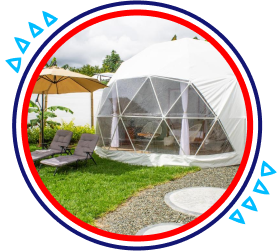 Dome-shaped accommodation surrounded by gardens and nature